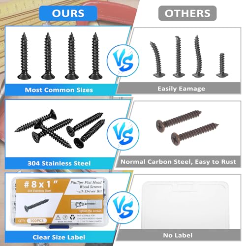 100PCS #8 x 1 Black Wood Screws, Flat Head Stainless Steel Sheet Metal Screws, Fast Self Tapping Screws for Deck Drywall Concrete Screws with Screwdriver Bit - style: Black #8X1" Flat Head 100PCS