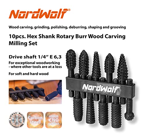 10PCS Rotary Burr Wood Carving Rasp Files Set with 1/4" Hex Shank - size: 1/4" Hex Shank (10 Pcs)
