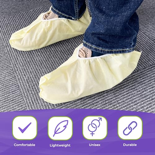 AMZ Medical Supply Yellow Disposable Shoe Covers for Indoors/Outdoors, 18 Inch. Pack of 20 (10 Pairs) Waterproof Disposable Boot Covers. Durable PP+PE 82 GSM Booties to Cover Shoes with Secure Elastic