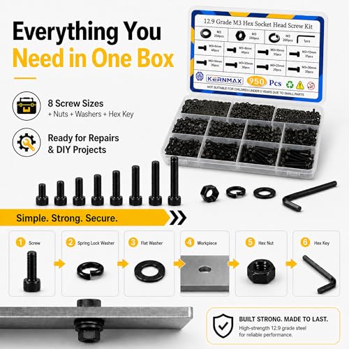 950PCS M3 Screws Assortment Kit, M3x6/8/10/12/16/20/25/30mm Hex Socket Head Cap Bolts Nuts Washers Set, 12.9 Alloy Steel Black Oxide M3 Metric Screw for 3D Printer, Electronic - size: M3 950pcs