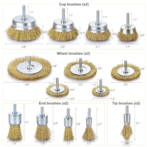 Brass Wire Brush for Drill Rust Removal, Wire Wheel for Drill, Cup Brush and End Brush Set, Wire Brush Drills Attachments, 1/4" Drill Shank, Carbon Steel Bristles (Brass Wire Brush, 28)