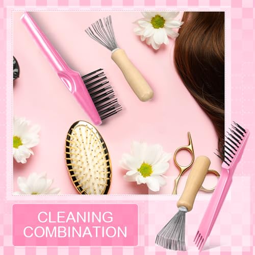 Boao 2 Pack Hair Brush Cleaner,Pink, Wood Color,Polished Wooden Handle Rake - color: Pink, Wood Color, style: Polished Wooden Handle Rake