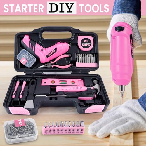 Pink Tool Set for Women, 136 PCS Household Tool Kit with 3.6V USB Electric Screwdriver, Cordless Lithium-ion Drill Driver, Home Improvement Hand Tools for DIY Projects