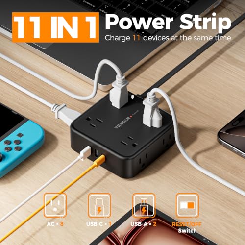 TESSAN Surge Protector Power Strip with 900J Surge Protection, 10 Ft, Black - color: Black with 1 USB C, size: 10 feet