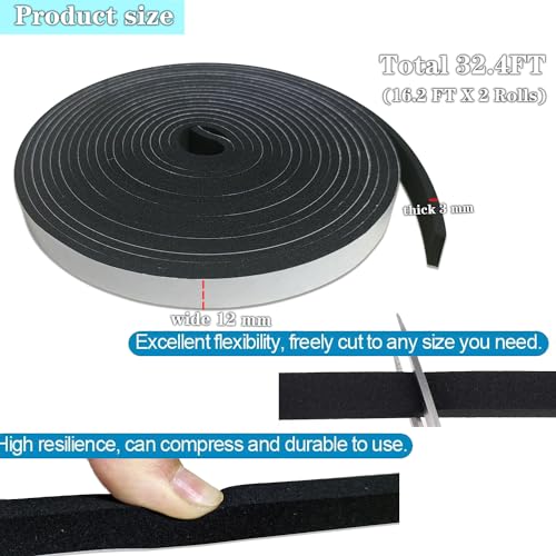 Weather Stripping Foam Tape 2 Rolls (1/2 in x 1/8 in x 16.4FT), Self Adhesive Door Seal for Small Gaps, Window Insulation, Draft Stopper Foam Strip Total 32.8 FT - size: 1/2in x 1/8in x 32.8FT