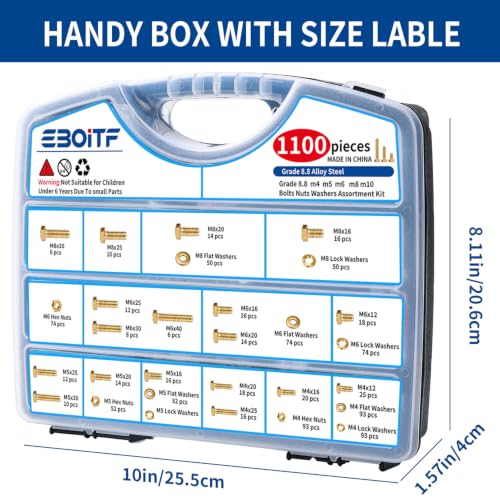 1100cs Grade 8.8 Metric Bolts and Nuts Assortment Kit, M4, M5, M6, M8, M10 Heavy Duty Hex Bolts and Nuts Kit, Assorted Nuts, Bolts, Flat & Lock Washers, Yellow Zinc Plated, Length from 12-40 mm - size: 1100PCS M4, M5, M6, M8, M10