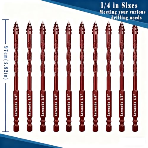 10pc Red 1/4” Serrated Eccentric Masonry Drill Bit, 6mm Serrated Concrete Drill Bit Set for Ceramic Tile Brick Glass Plastic Marble and Wood - size: 1/4 in