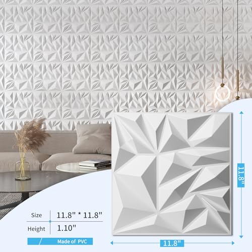 Art3d 33-Pack Modern Diamond Textured 3D Wall Panels, 12 x 12 in, White - color: White, size: 12x12 Inch 33 pcs