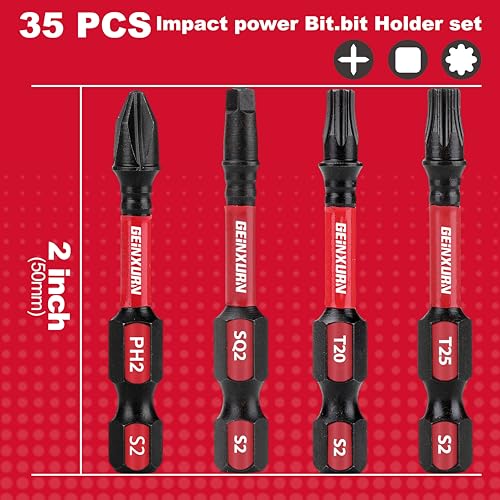 GEINXURN Impact Tough Phillips Square Torx 2 in. Insert Driver Bits, 35Pack Bulk T20/T25/PH2/SQ2 Screwdriver Power Bits Set - size: MIXED-35PC