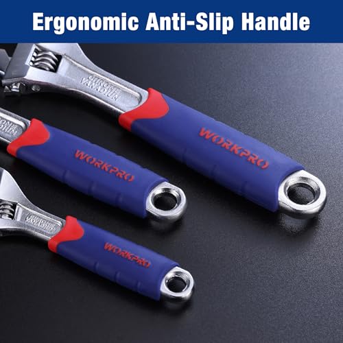 WORKPRO 3-piece Adjustable Wrench Set CR-V with Rubberized Anti-Slip Grips 10-inch, 8-inch, 6-inch