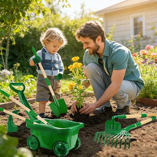 Kids Gardening Tools and Bug Catcher Kit with Wheelbarrow Sets, Ages 2 3+ | Shovel, Rake, Bug Catcher Kit, Summer Outdoor Yard Digging Weed Tools, Easter Birthday Gift for Boys Girls, Green - color: Green-18pcs