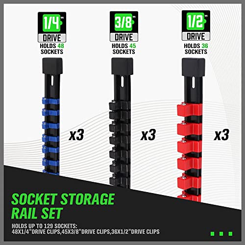 SWANLAKE 9-Piece Premium Socket Holder Organizer Set, 1/4-Inch x 48 Clips, 3/8-Inch x 45 Clips, 1/2-Inch x 36 Clips, Premium Quality Socket Clip Rail Holder - style: 9PCS Blue&Red&Black