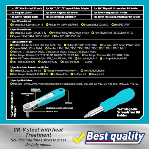 Amartisan 258-Piece Ultimate Screwdriver Bit Set,Chrome Vanadium Steel Driver Bit Set, Security bit set, Includes Bits Holder, Nut Driver, etc (Blue) - style: 258-Piece Ultimate Bit Set (Blue)
