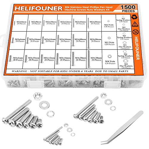 HELIFOUNER 1500 Pieces M2 M3 M4, 304 Stainless Steel Phillips Pan Head Machine Screws Bolts Washers Nuts Hardware Assortment Kit - style: Phillips Pan Head