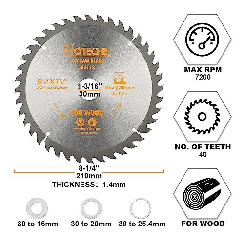 Hoteche 8-1/4-Inch Circular Saw Blade for Wood 40-Tooth Tungsten Carbide-Tipped Blade High-Performance Professioal Saw Blade for Miter Saw and Table Saws with 1-inch, 13/16-inch, 5/8-inch Arbor - size: 8-1/4-Inch, style: 40-Tooth