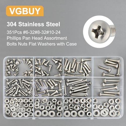 VGBUY 351Pcs Machine Screws Nuts and Bolts Assortment Kit, # 6-32# 8-32# 10-24 Phillips Pan Head Assorted 304 Stainless Steel Bolts Nuts Flat Washers Bolts with Case - style: 351PCS #6 #8 #10