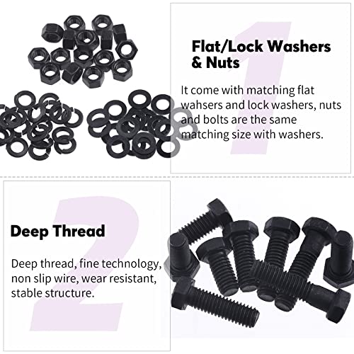 Swpeet 240Pcs 1/4-20 5/16-18 3/8-16 12 Sizes Black Zinc Finish Carbon Steel Grade 8 USS Nut Bolts Assortment Kit, Heavy Duty Bolt Nut and Washer Assortment Coarse Thread Hex Head Cap Screws Bolt - size: Assortment Kit
