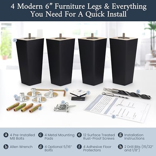 Airy Abode Premium Black Square Furniture Legs (Full Install Kit) - Pick Your Size and Color - color: Black, size: 6 Inches