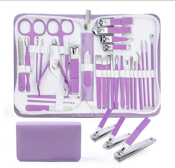 Manicure kit for Women Personal Nail Care Kit, 30 in 1 Professional Stainless Steel fingernail and toenail Clippers,Pedicure Kit and Beauty Tools Portable Set with Luxurious Travel Case (Purple) - color: 30 in 1 Purple