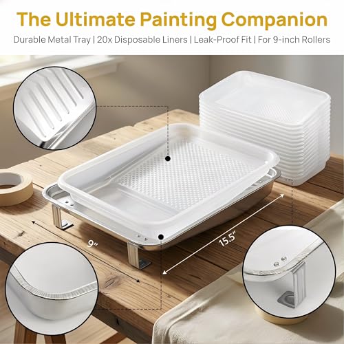 Jucoan 9 Inch Metal Paint Tray with 20 Pcs Plastic Disposable Paint Tray Liners, Reusable Metal Paint Pan with Liners for DIY Home Wall Painting