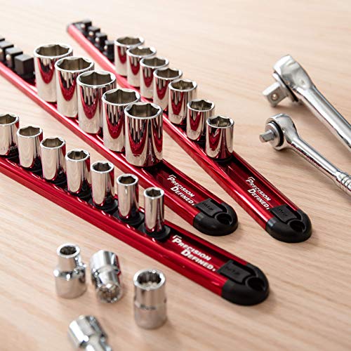 Precision Defined Aluminum Tool Socket Holder 3-Piece Set | Red, 1/4-Inch x 16 Clips, 3/8-Inch x 16 Clips, 1/2-Inch x 14 Clips | 360 Rotation - Heavy Duty Socket Rails Organizer, Socket Storage - color: Red
