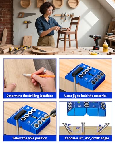 VASTHOME Aluminum 30/45/90° Angle Drill Guide Jig for Woodworking - Precision Angled and Straight Hole Drilling with Bubble Level, for Stair Handrail, Deck Post, Cable Railing, Furniture Assembly - color: Aluminum Blue
