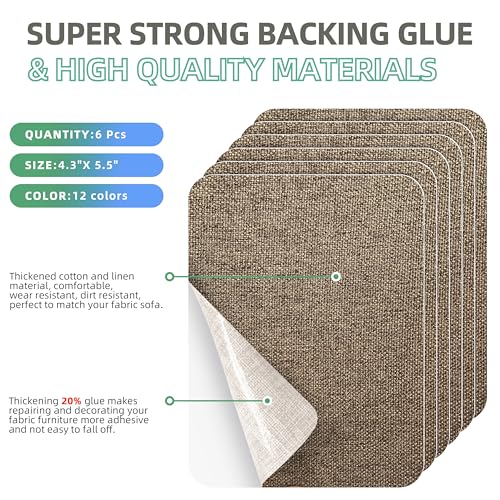 Azobur Coarse Linen Repair Patches, 6 Piece Self-Adhesive Linen Fabric Patches, Multi Color, Can be Used for Linen Sofa Repair and Linen Clothes Repair, Quick Fix Sofa.(Brown) - color: Linen - Brown