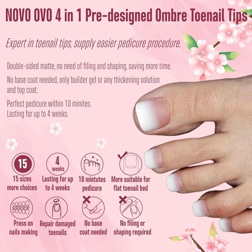 NOVO OVO Fake Toe Nail Tips Press on, French Tip Soft Gel Toenail Extension, BERRY OMBRE Square Round Pre-applied Tip Primer & Base Coat, Full Cover Matte False Nails for DIY x 15 Sizes 360Pcs - color: Square Round French Tip Berry Ombre