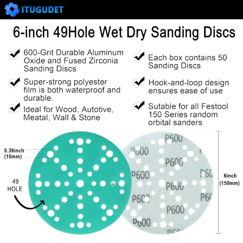 6 Inch 49 Hole Wet Dry P600 Grit Sanding Discs - 50 Pack Box - color: 600 Grit, size: 6 Inch 49 Hole