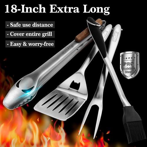 GRILLART BBQ Tools Grill Tools Set -18Inch Grilling Tools BBQ Set - Grill Accessories w/BBQ Tongs, Spatula, Fork, Brush- Stainless Grill Kit Grilling Set - Gift Ideas BBQ Accessories Gifts for Men Dad