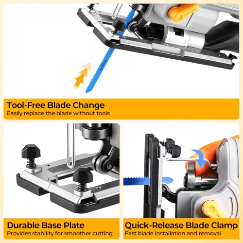 DEKO Electric 800W Jigsaw Tool Power Jig Saws for Woodworking, Wood Cutter Hand Tool with 6 Variable Speed,LED Light