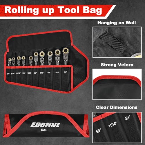 Egofine Flex Head Ratcheting Wrench Set 10 Piece, SAE Wrench Set, CR-V Steel 1/4” to 3/4” Wrench, 72-Teeth Combination wrench set, Nickel Plating Ratchet Wrenches Set with Tool Roll Bag - size: SAE-10 piece set