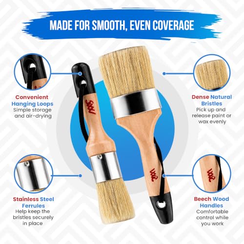 Chalk and Wax Paint Brushes for Furniture, 2 Pack Natural Bristles
