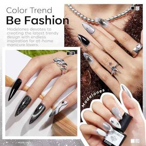 modelones Black White Gel Nail Polish, Hema Free Cat Eye Glitter Shimmer - color: A-2 Midnight Stardust