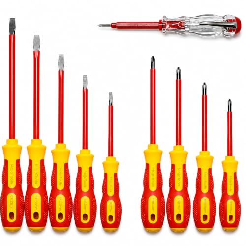 Insulated Screwdriver Set 1000V, 10-Piece Electrician Screwdriver Set with Voltage Tester, Magnetic Tips, Cr-V Steel, Slim Ergonomic Grip - style: Red yellow With Zipper Case