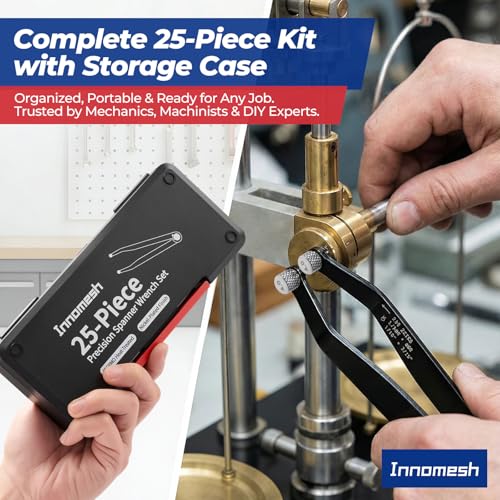 25 Piece Pin Spanner Wrench Set,42CRMO Heat-Treated,Nickel-Plated Finish,Adjustable Spanner Wrench for Bearings,Pulleys & Lock Nuts,Metric & Imperial Precision Pin Wrench,160mm Arms,180° Rotation