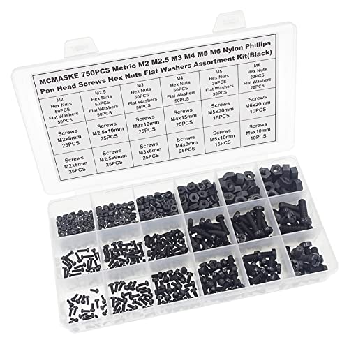 750PCS Metric M2 M2.5 M3 M4 M5 M6 Nylon Phillips Pan Head Screws Hex Nuts Flat Washers Assortment Kit(Black) - size: M2, M2.5, M3, M4, M5, M6