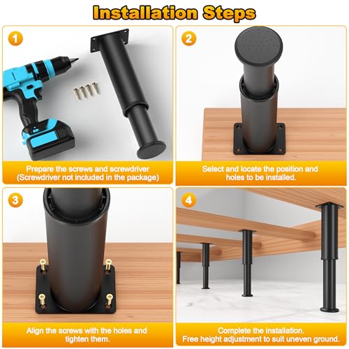 Wlrrcwdttc 4 Pcs Adjustable Bed Support Legs for Bed Frame/Bed Center Slat, Metal Adjustable Furniture Legs 7.08-13 inch for Bed/Sofa/Cabinet/Couch/Dresser/Table, Thickened Heavy Bed Replacement Legs