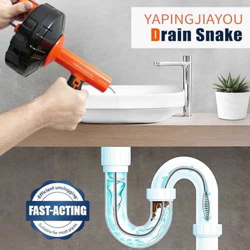 33-Feet Drain Snake Auger Kit, Plumbing snake, Manual or Electric drain snake with Auto-Retract/Feed, for Kitchen, Bathroom, Shower, and Floor Drain sauger，Include Gloves Storage Bag etc (orange) - color: Orange Black