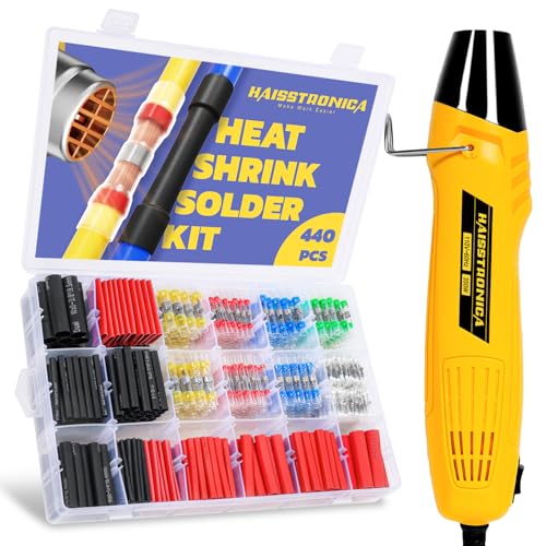 haisstronica 440PCS Wire Repair Kit, Solder Seals, 3:1 Tubing, Heat Gun | Low-Melt Solder Rings, 2 Heat Settings, Adhesive Lining, 6 Tubing Sizes, 2 Heat Settings, Trailer Wiring - size: 440 PCS