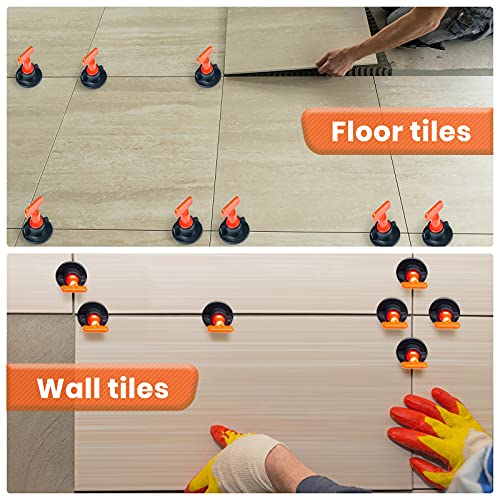 Tile Leveling System Kit,200pcs Reusable Tile Leveler Spacers+1000pcs 1/12" Cross-shaped Tile Spacers+5pcs Wrench+50pcs 1/16" Replaceable Spare Steel T-Pin,Tools for Wall Floor Tile Adjustment(200) - size: 200