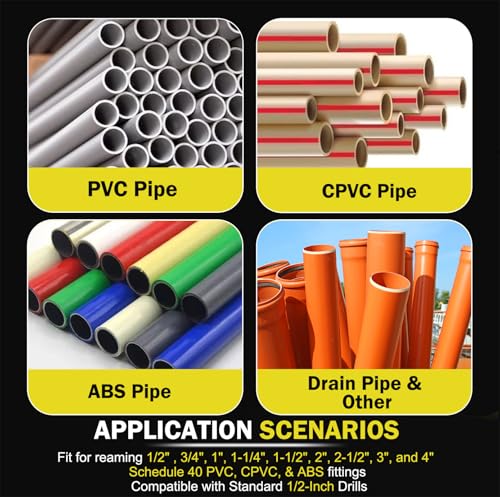 Premium 9-Piece PVC Pipe Reamer Kit, Includes Sizes 1/2", 3/4", 1", 1-1/4", 1-1/2", 2", 2-1/2", 3", 4", For Standard 1/2" Drills, Ideal for PVC, CPVC, ABS Pipes, Perfect for Plumbing Repairs