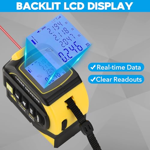 4-in-1 Laser Tape Measure - Class 2, 131FT Laser Distance Meter, 16FT AutoLock Tape Measure, Cross-Line Laser Level, Dual-Axis Electronic Angle, LCD Display, for DIY, Construction Projects