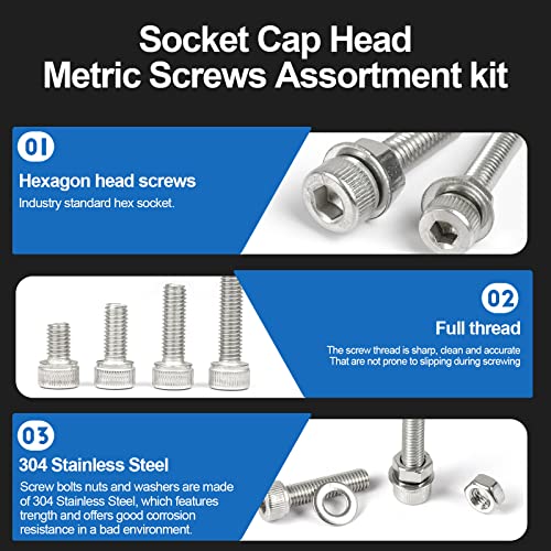 NINDEJIN Black & Silver Hex Socket Head Screws Bolts Nuts and Flat Washer Assortment Kit(Hex Socket Flat/Button/Cap Head) (580Pcs Hex Button Head Socket Screws Nuts) - size: 580 Hex Cap Head Socket Screws Nuts