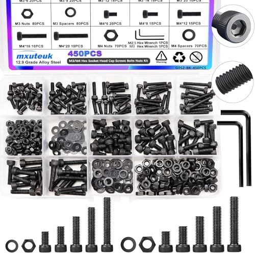 mxuteuk 450PCS M3 M4 Screws Assortment Set,6/8/12/16/20mm Screws Bolts Nuts Kit 12.9 Grade Alloy Steel Hex Socket Head Cap M3 M4 Bolts with Hex Wrench - size: 450PCS M3 M4