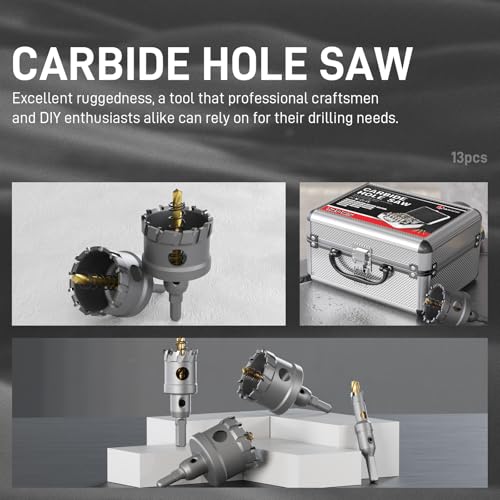 CSOOM 18 Pcs Carbide Hole Saw Kit for Metal, 1/2"-2-1/8" Heavy Duty TCT Hole Cutter Drill Bits Set for Stainless Steel, Iron, Aluminum, Metal and Carbide