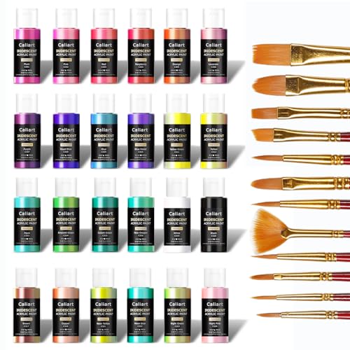Caliart 24 Chameleon Colors Iridescent Acrylic Paint Set with 12 Brushes ﻿ - color: Iridescent, size: 2 Fl Oz (Pack of 24)