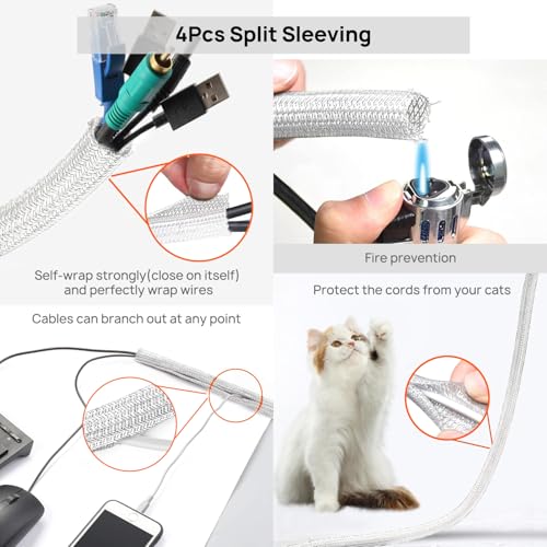 193 PCS Cable Management Kit - 4 Cable Sleeve, 57 Self Adhesive Cable Clips, 12 Hanging Strips, 12 Cable Organizer Straps and 100 Fastening Cable Ties for TV Computer Under Desk (White) - color: White