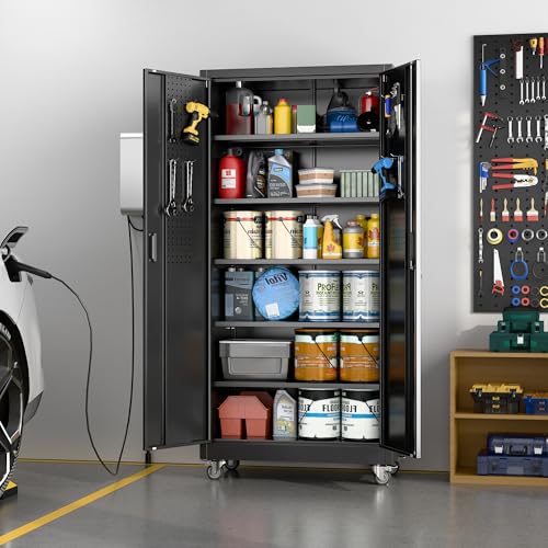 Aobabo Metal Garage Storage Cabinet with Wheels and Pegboard, Black - color: Black, size: 16"D x 32"W x 71"H-0 Drawers