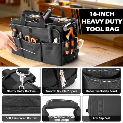 VJI 16" Portable Heavy Duty Tool Bag with Adjustable Shoulder Strap, Black - color: Black, size: Medium